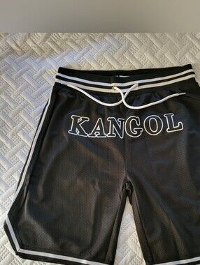 Kangol Mens Large Athletic Basketball Black Mesh Shorts Logo Drawstring NEW